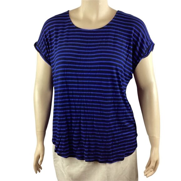 Apt. 9 Knit Top Size 0X Black Blue Stripe Short Sleeve - Picture 1 of 7